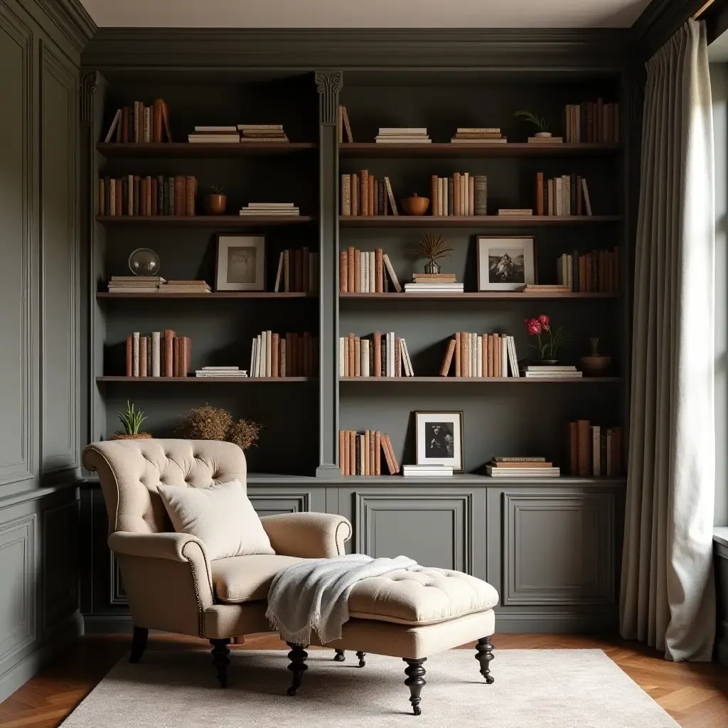 a photo of a cozy reading nook with an antique chaise lounge and contemporary bookshelves