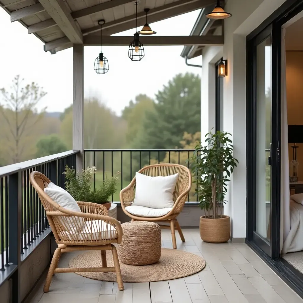 a photo of a charming balcony with Scandinavian decor, including wicker chairs and soft blankets