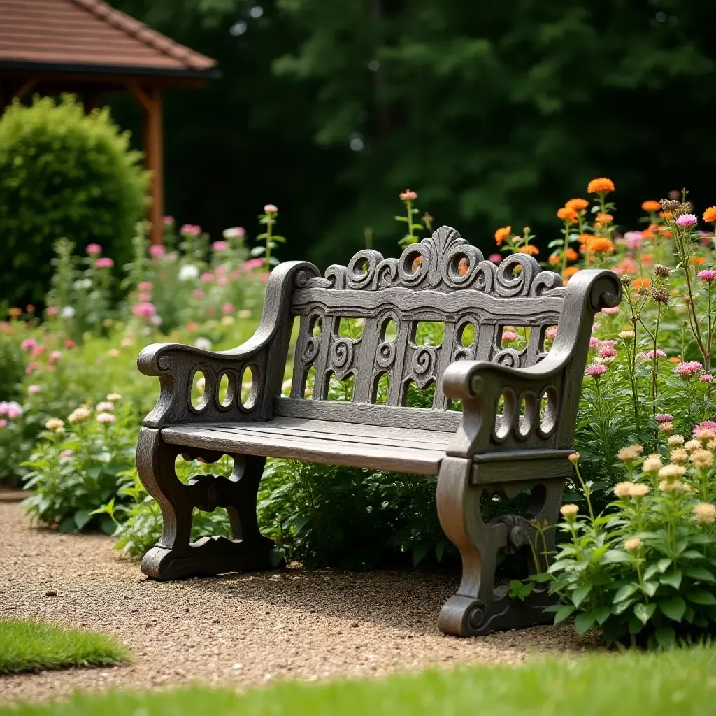 a photo of an antique garden bench surrounded by flowering plants