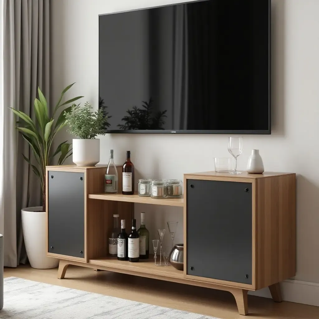 a photo of a compact bar cart in a TV room