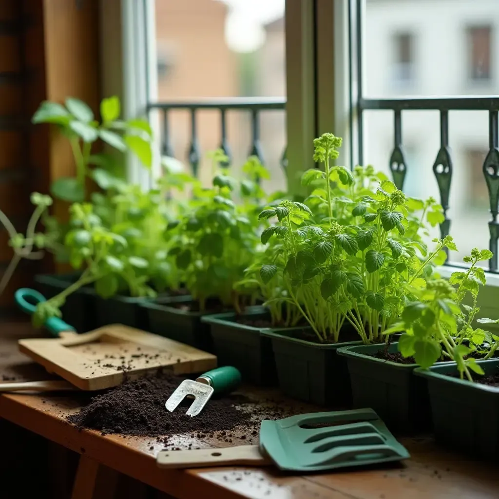 a photo of a balcony with a herb garden and gardening tools