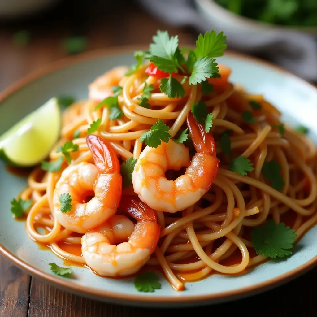 a photo of a tangy Thai glass noodle salad with shrimp and lime.