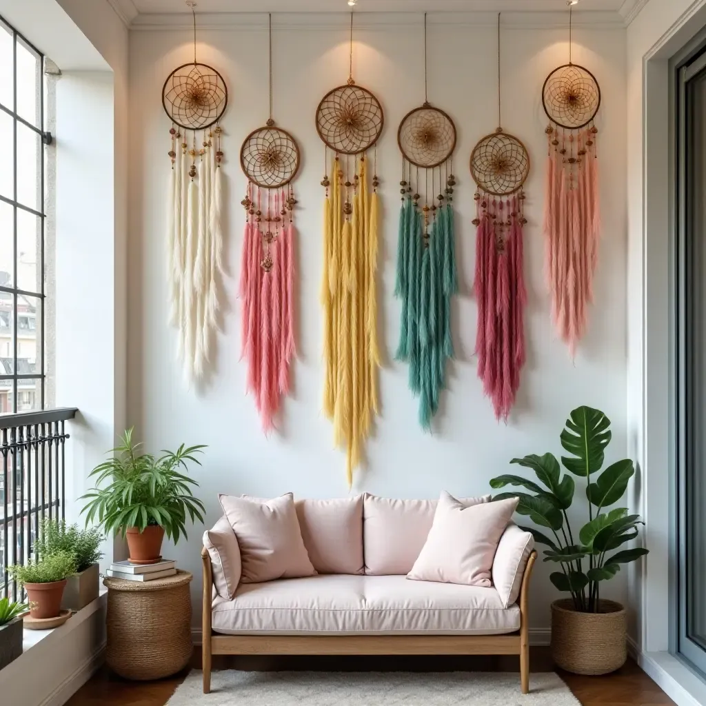 a photo of a balcony wall adorned with colorful dreamcatchers