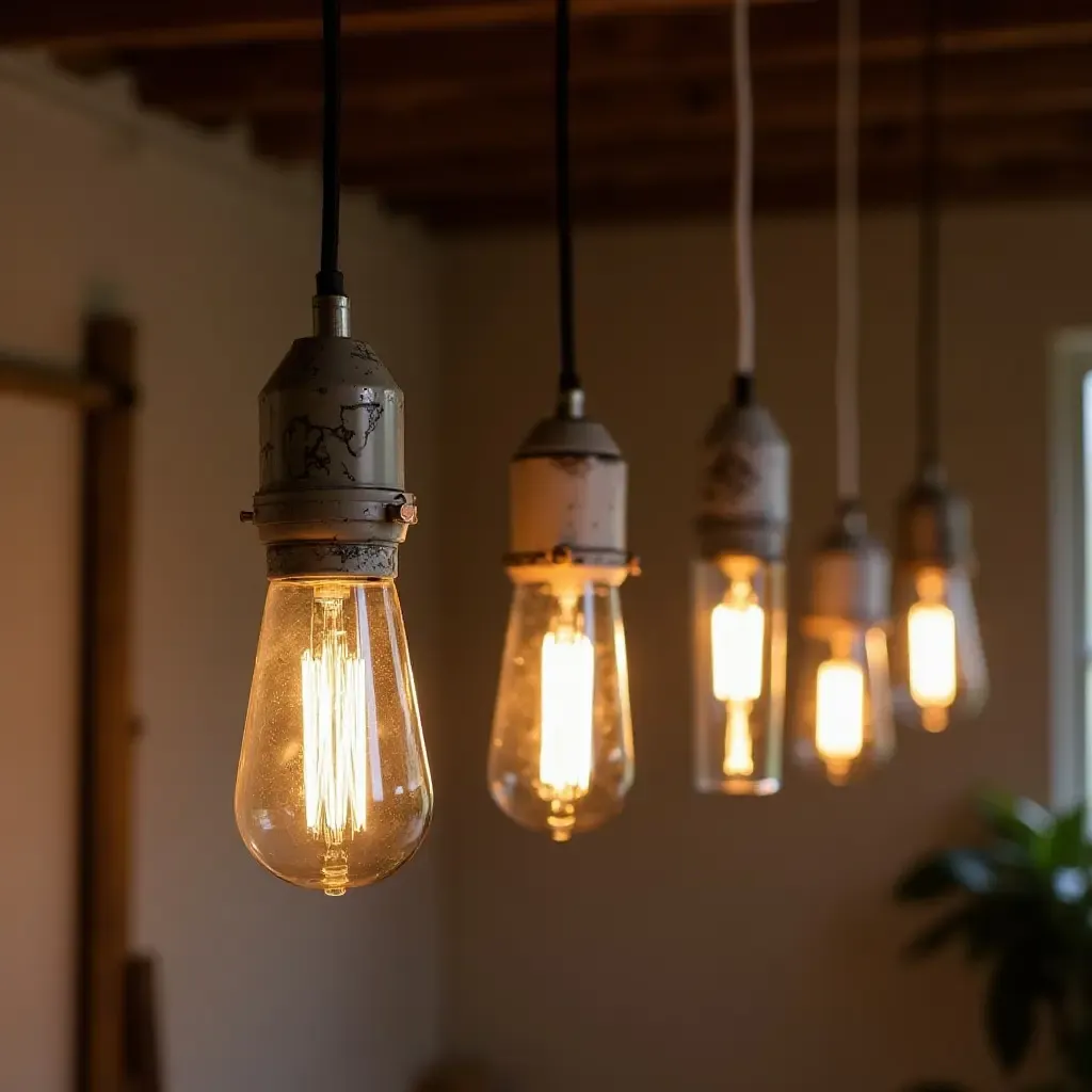 a photo of pendant lights made from repurposed materials hanging in a basement