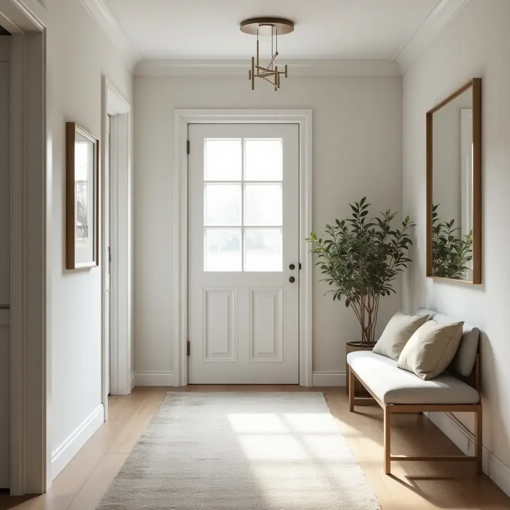 a photo of a chic entrance hall with metallic picture frames