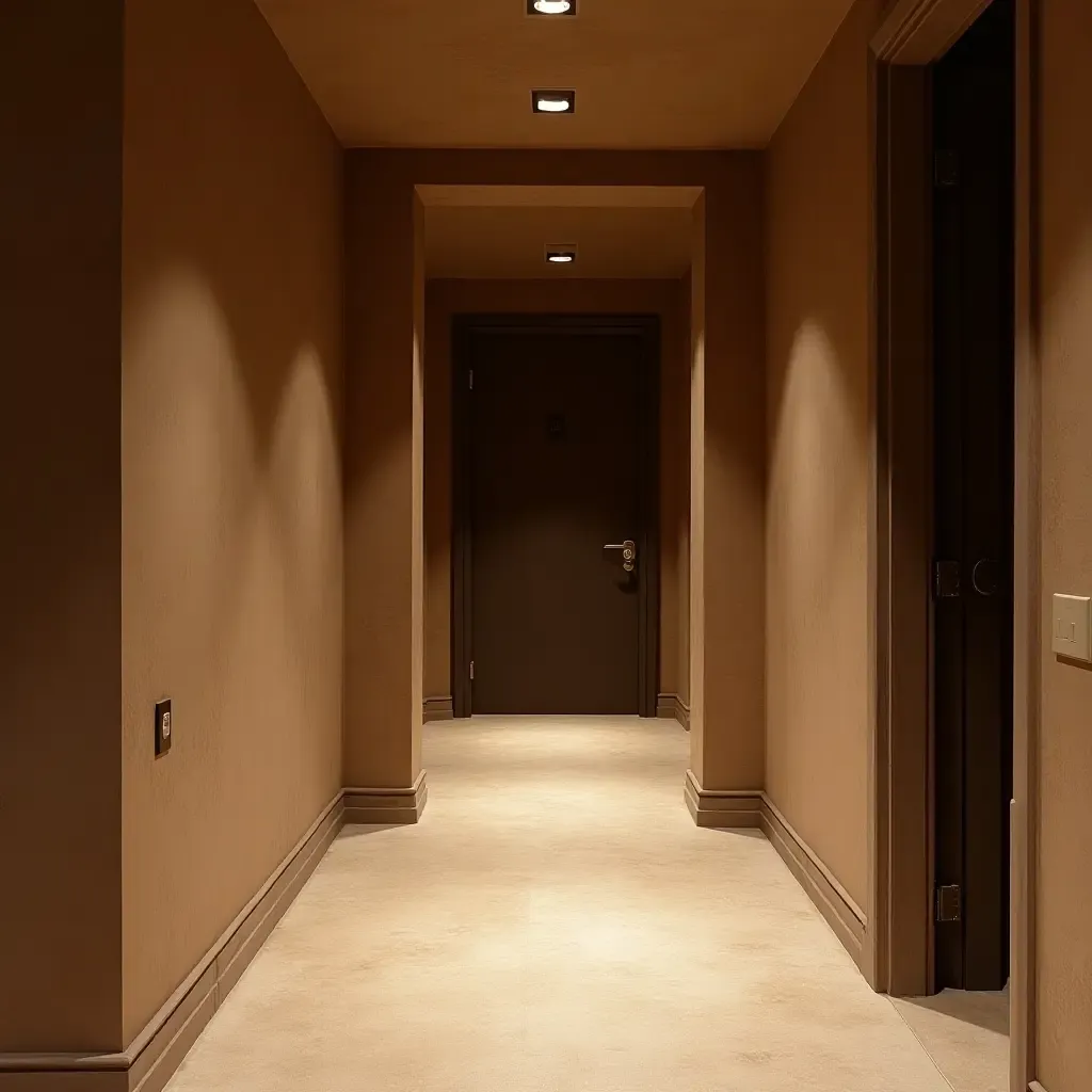 a photo of a basement with a rustic feel in deep brown and cream tones