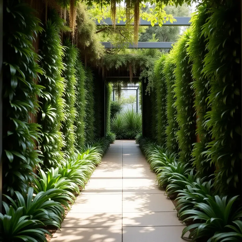 a photo of a narrow corridor featuring a vertical garden