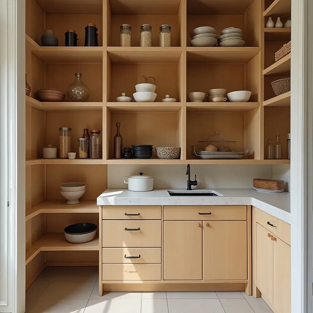 a photo of a pantry with creative use of color and texture in storage