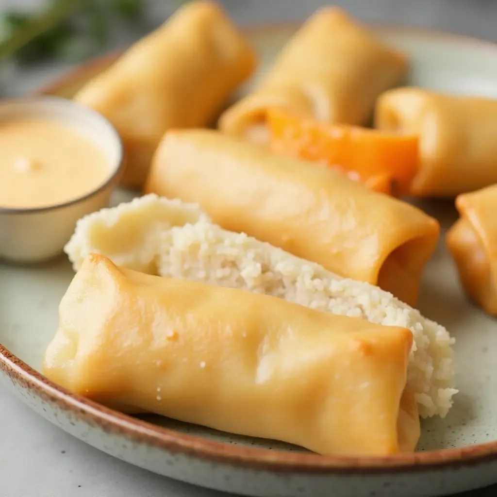 a photo of Thai coconut milk and chili dipping sauce with spring rolls.