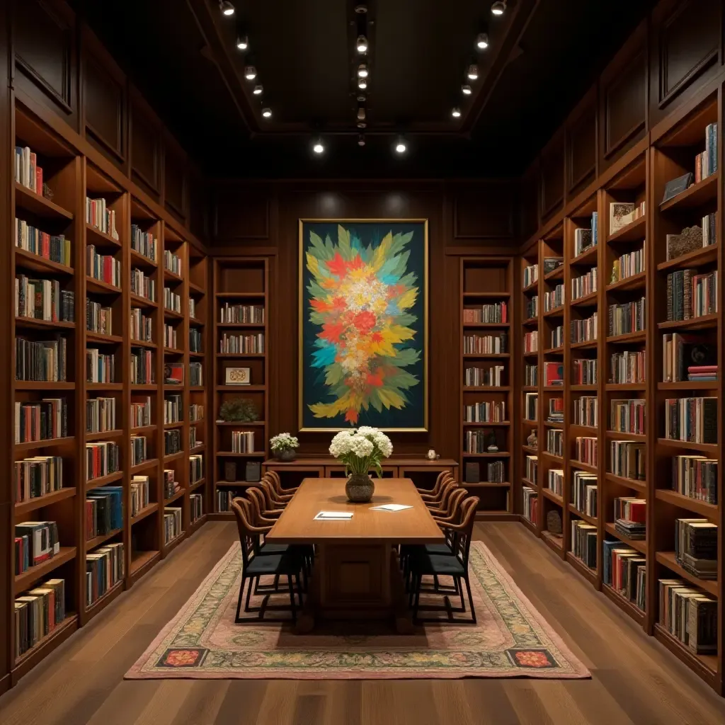 a photo of a library with a combination of shelves and artwork