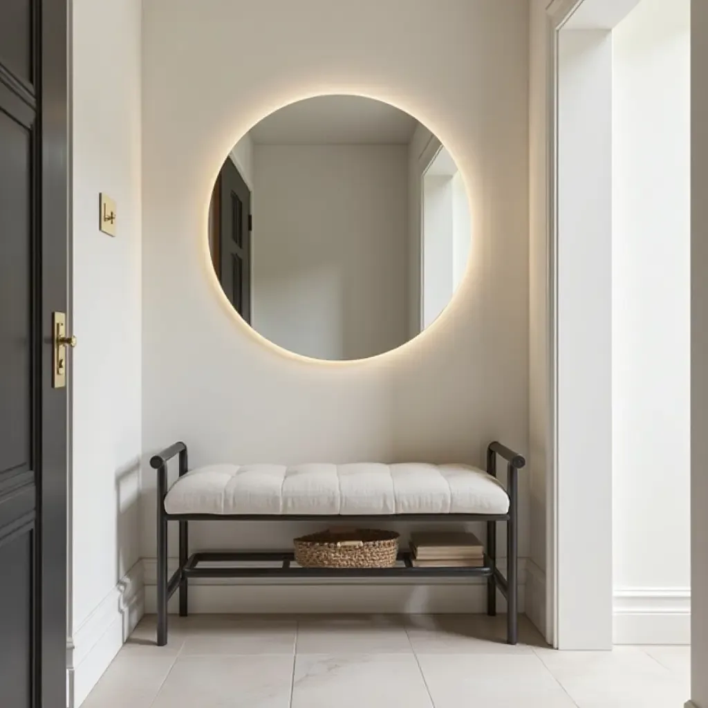 a photo of a compact bench with a mirror in a small hallway