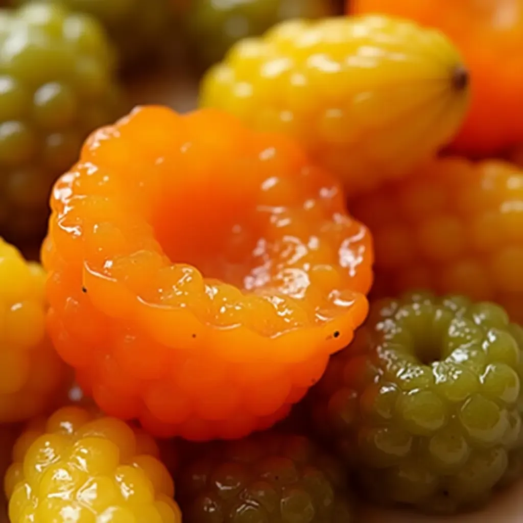 a photo of a close-up of Japanese pickles with vibrant colors and textures.