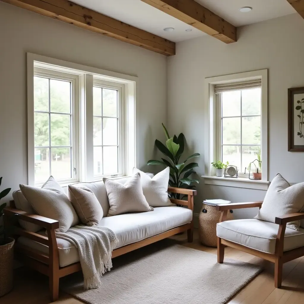 a photo of a basement relaxation area with farmhouse-style cushions and throws