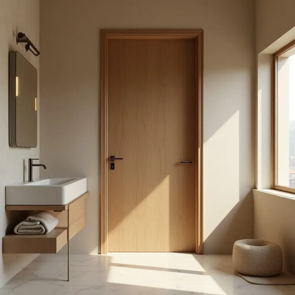 a photo of a wooden door leading into a serene bathroom space