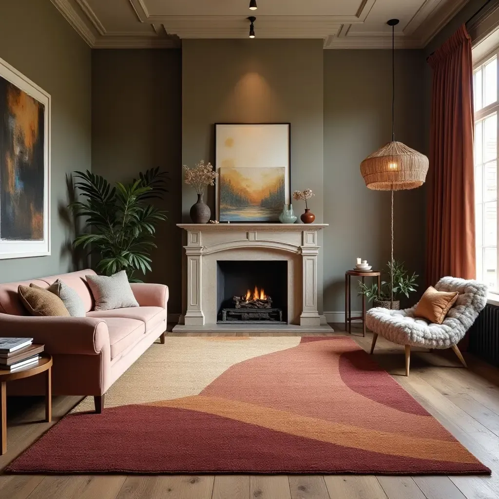 a photo of a living room showcasing a large, plush area rug in deep colors