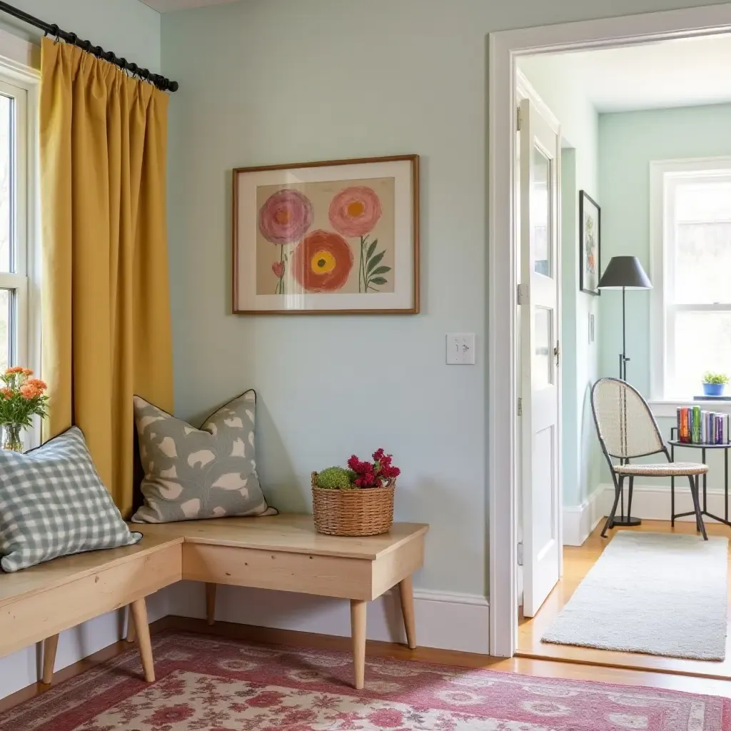 a photo of a colorful entryway with wall art and storage