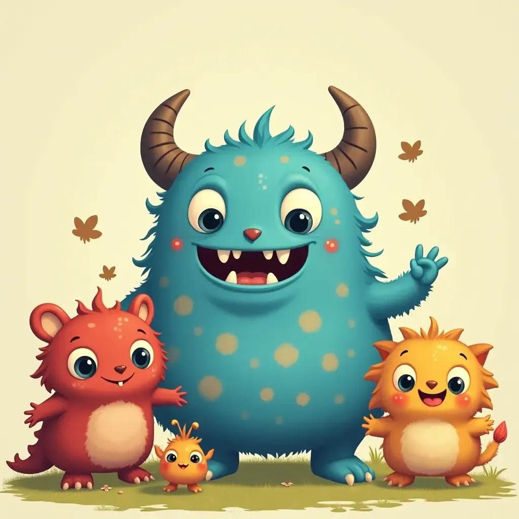 a photo of a playful monster theme with friendly creatures