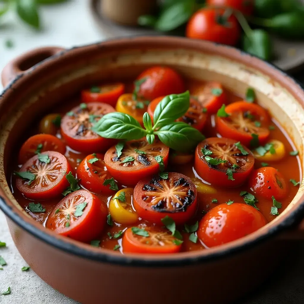 a photo of a rustic Provencal ratatouille with vibrant vegetables in a clay pot.