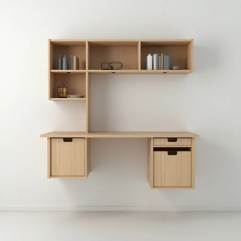 a photo of a stylish wall-mounted desk with storage compartments