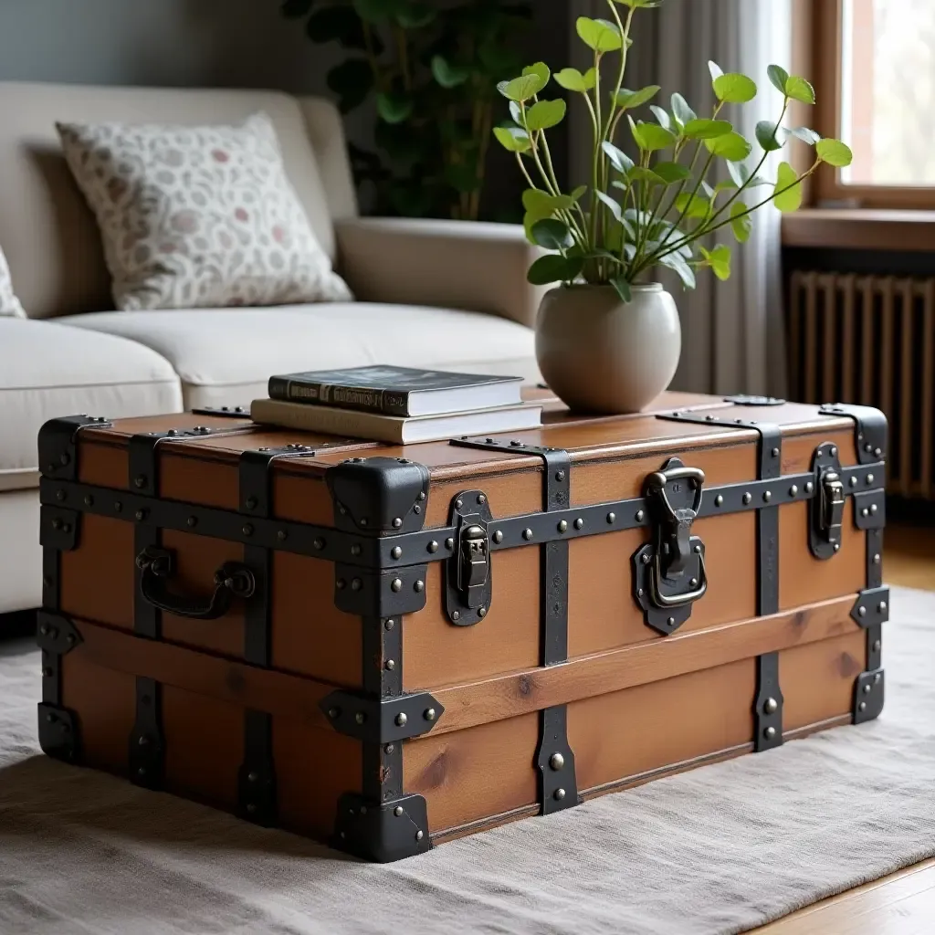 a photo of a vintage trunk used as a coffee table