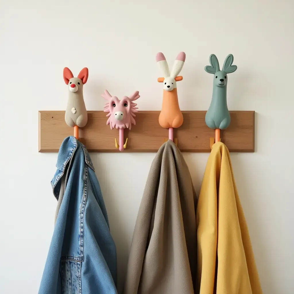 a photo of a colorful coat rack with quirky hooks