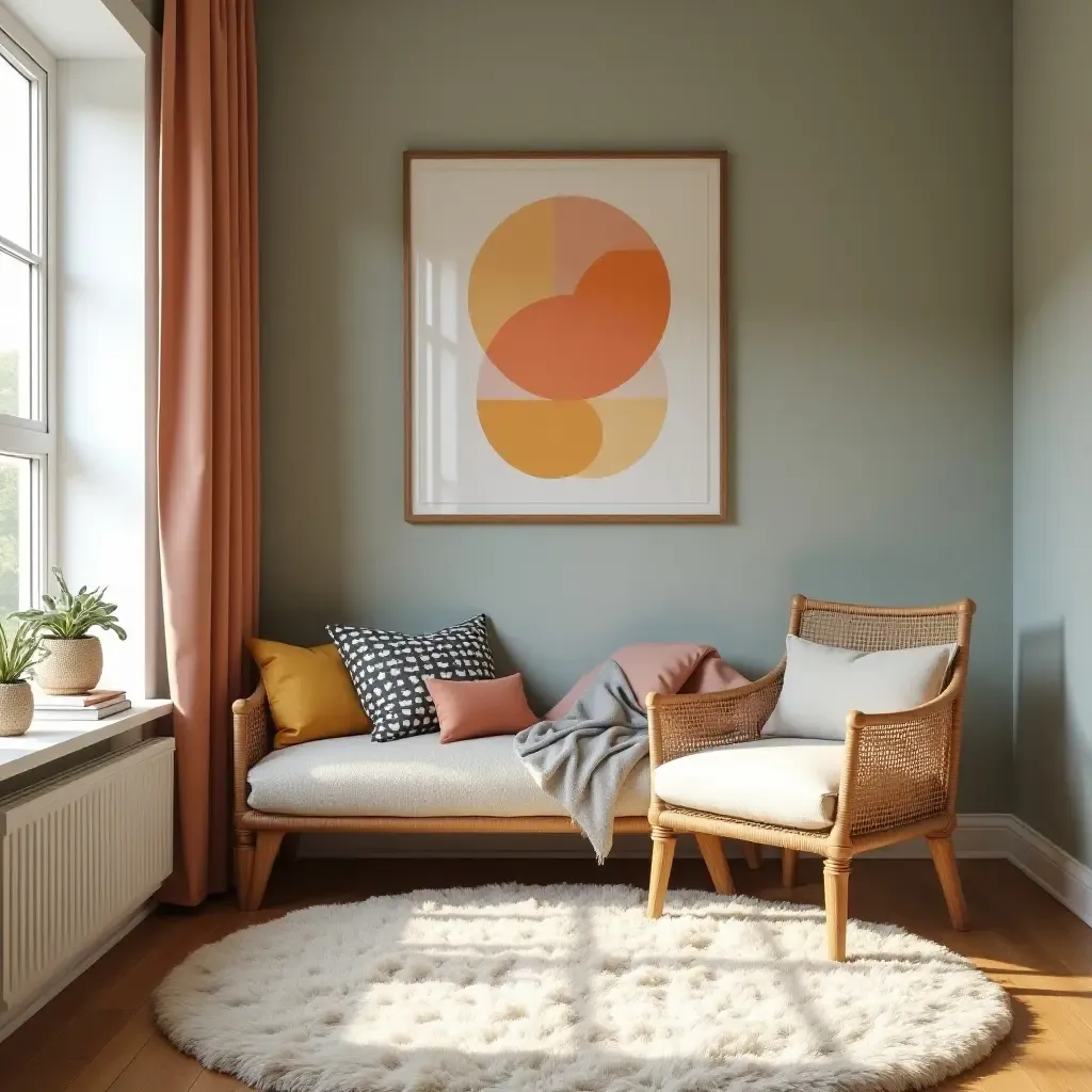 a photo of a reading nook with a plush carpet and colorful artwork