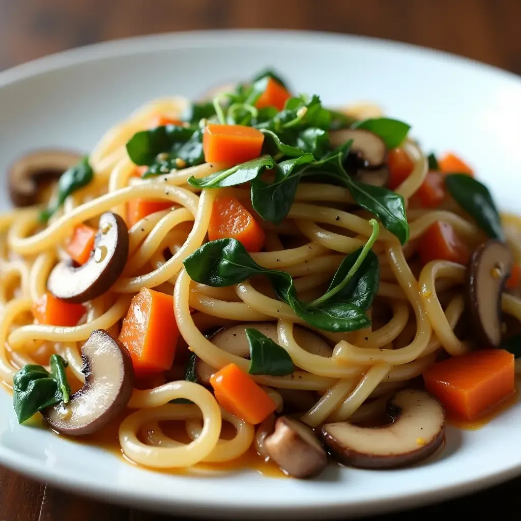 a photo of Korean stir-fried glass noodles with mushrooms, carrots, and spinach