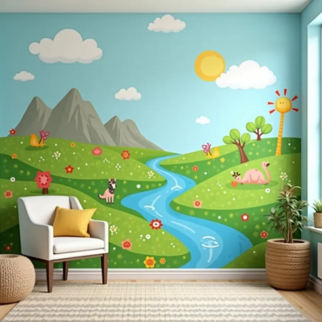 a photo of a fun wall mural depicting a vibrant landscape