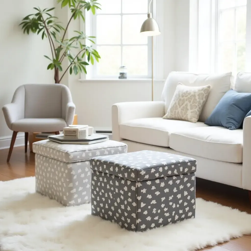 a photo of DIY fabric-covered storage boxes in a stylish living room