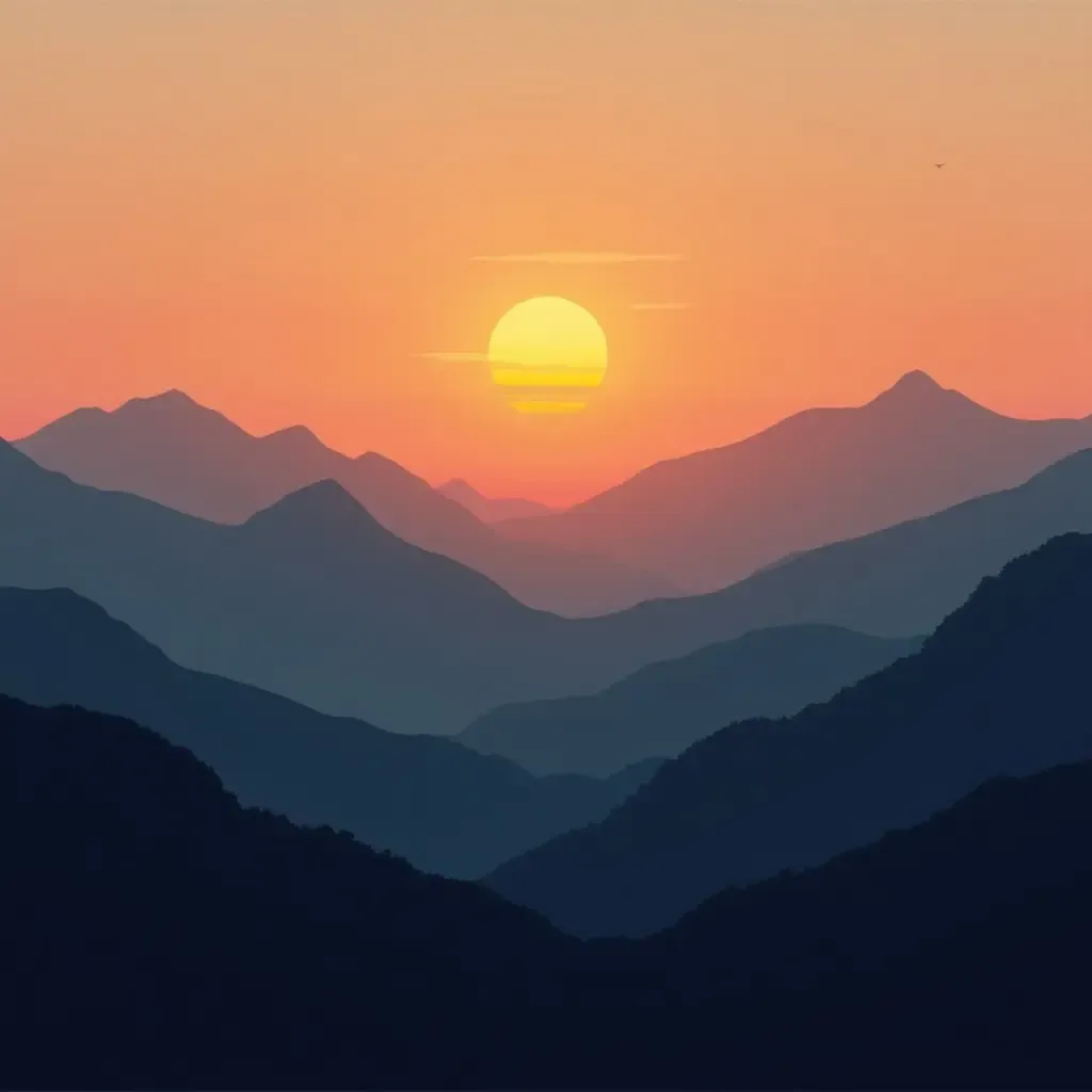 a photo of a serene mountain landscape with a sunset backdrop