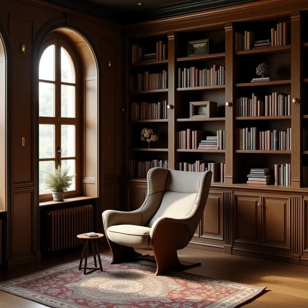 a photo of a small library with a comfortable armchair