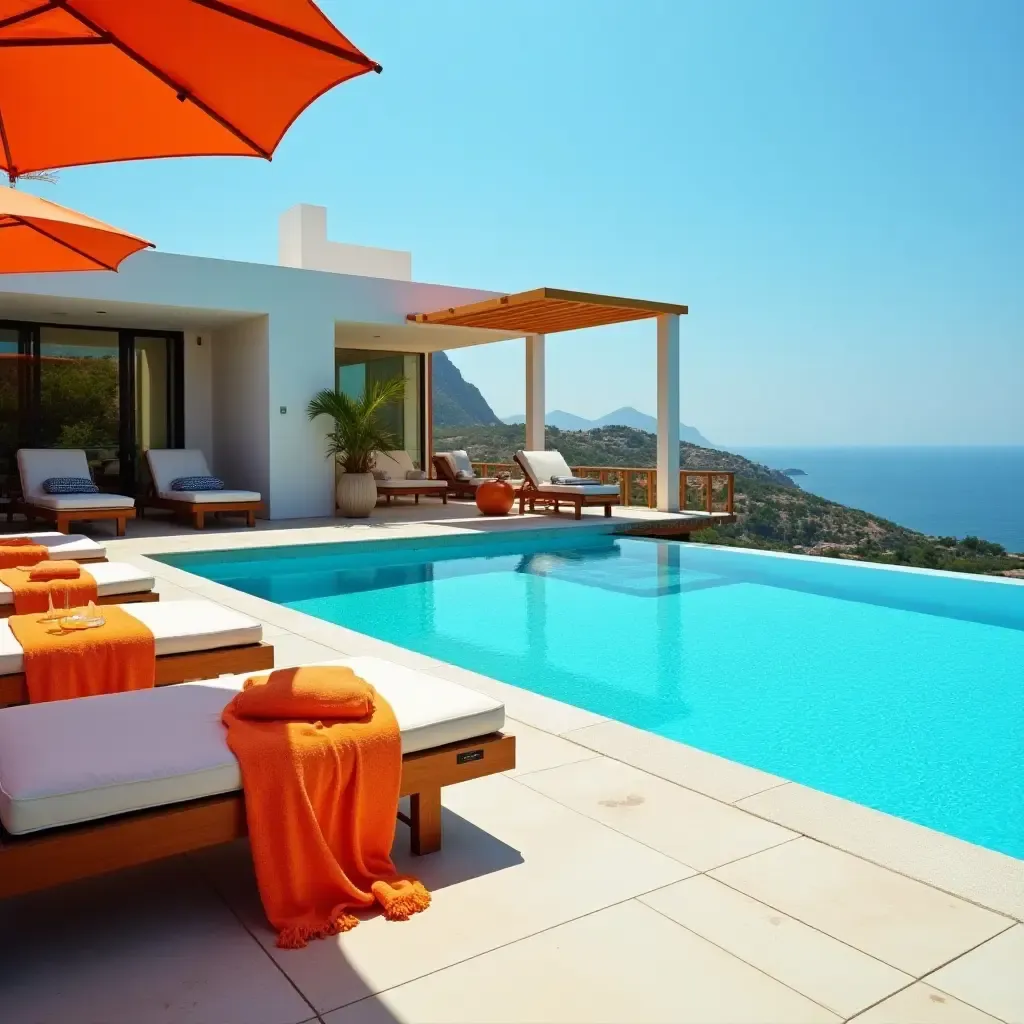 a photo of a vibrant lounge area by the pool with bright beach towels