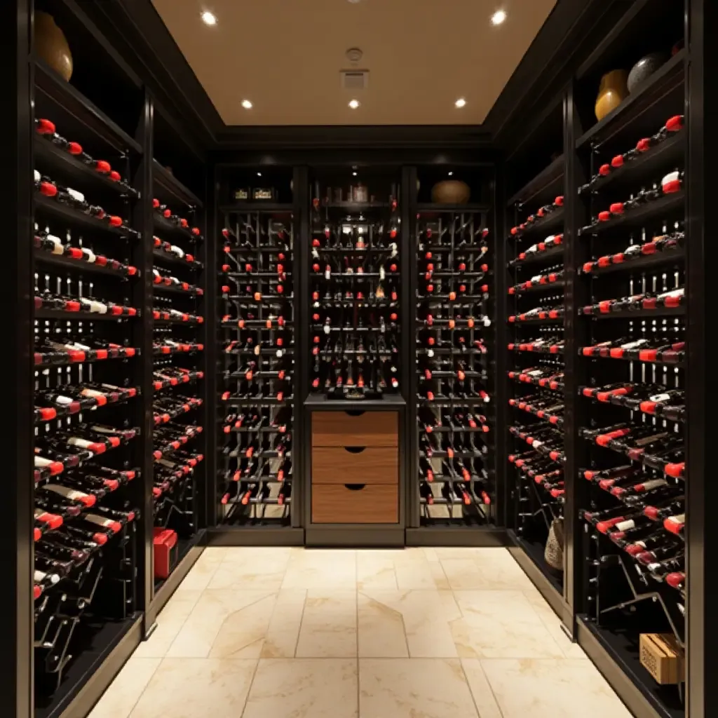 a photo of a sleek basement wine cellar with minimalist racks