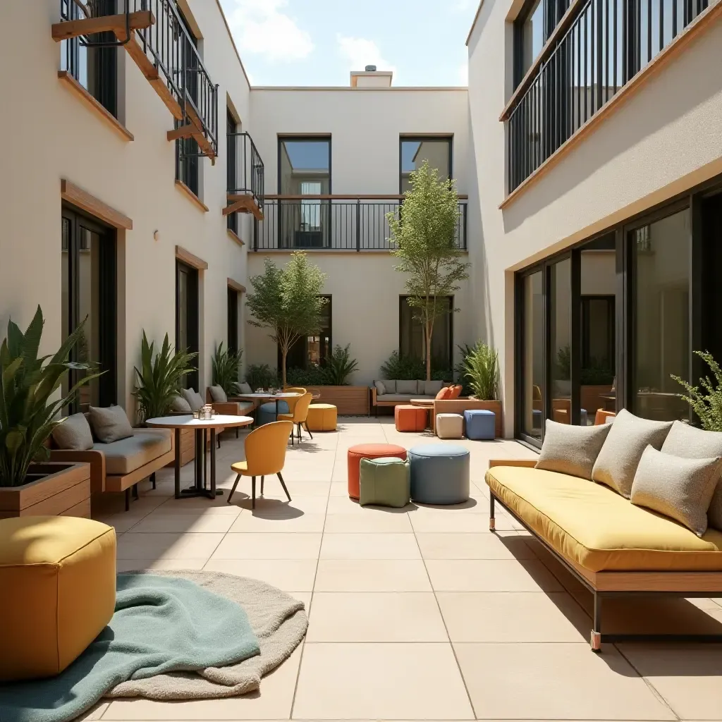 a photo of a family-friendly balcony with playful seating and games