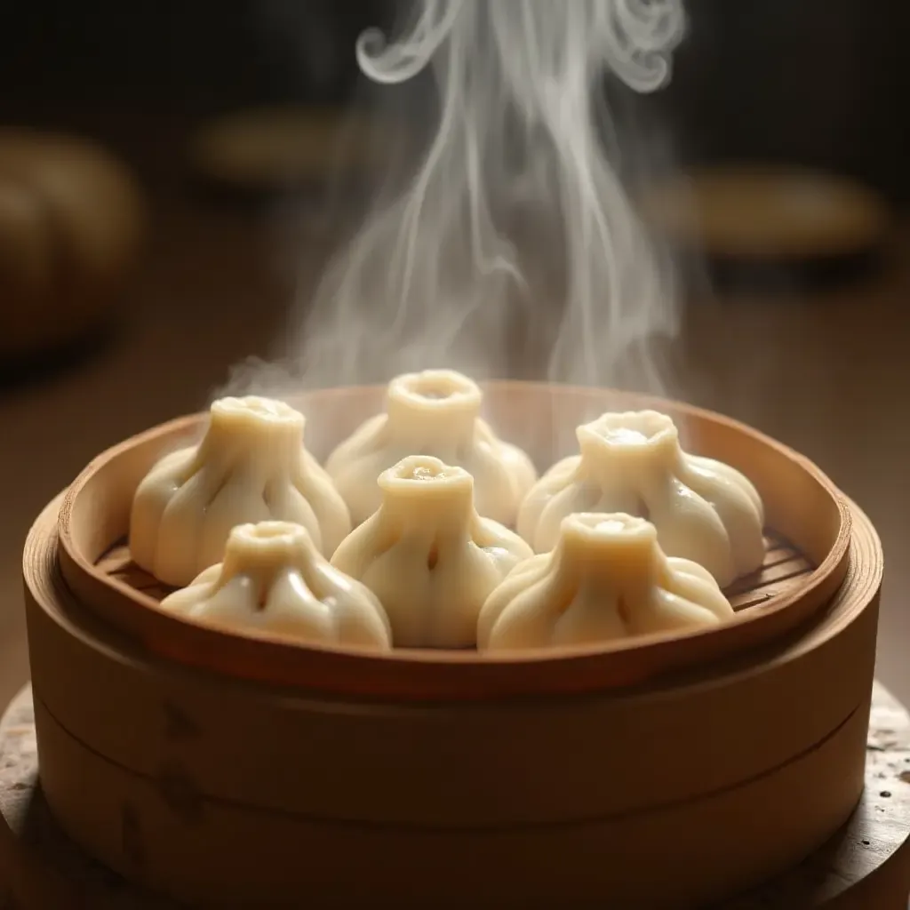 a photo of a bamboo steamer filled with fluffy baozi and xiaolongbao, steam rising gently.