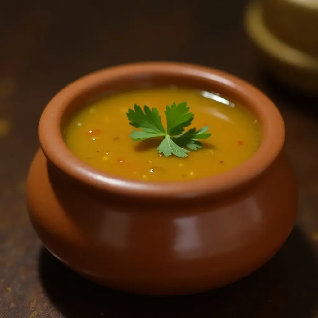 a photo of a traditional clay pot filled with Aam Panna, garnished with coriander.