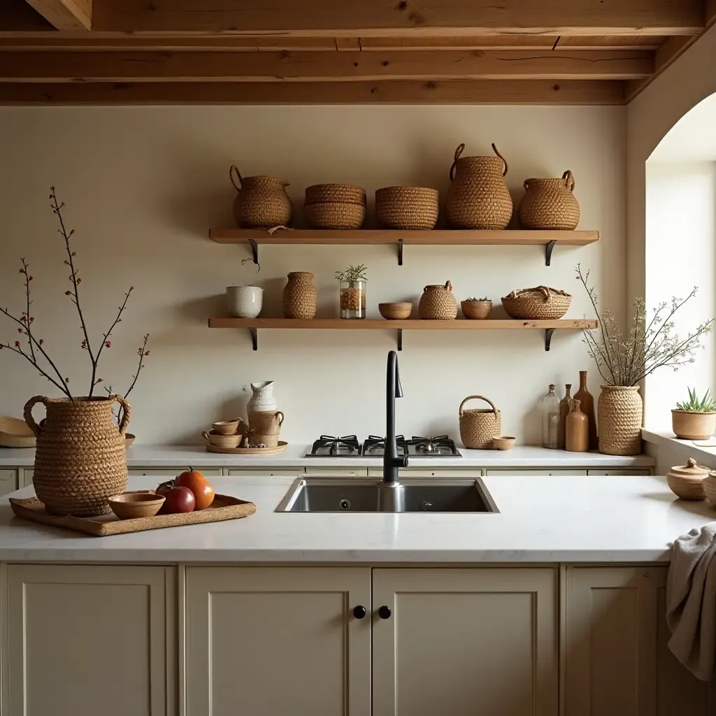 a photo of a warm boho kitchen with woven baskets and soft lighting