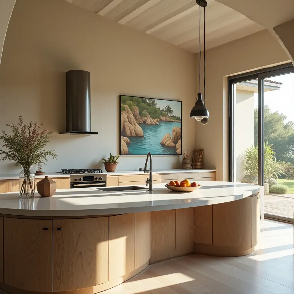 a photo of a kitchen with Mediterranean art on the walls