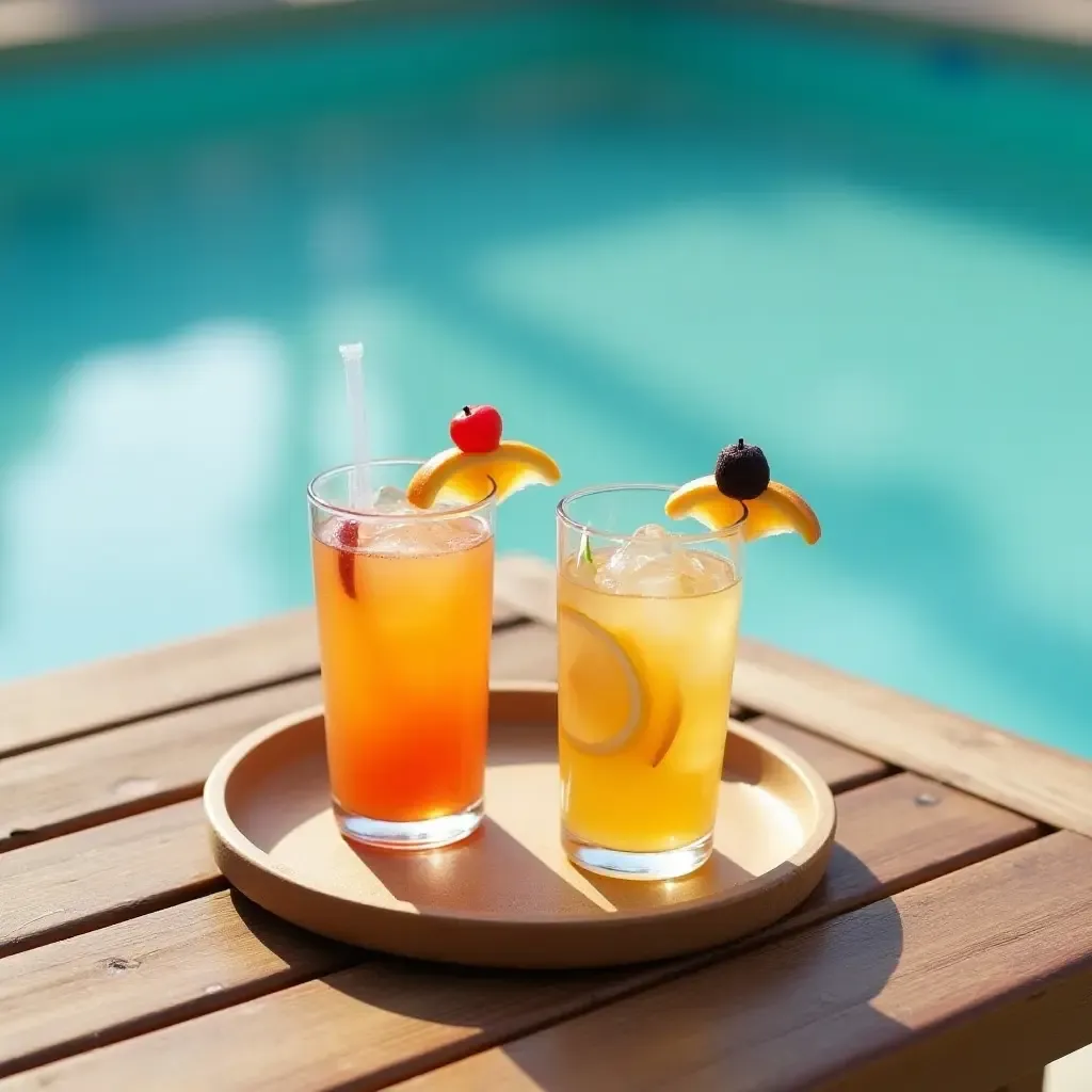 a photo of a retro wooden table set with drinks by the pool