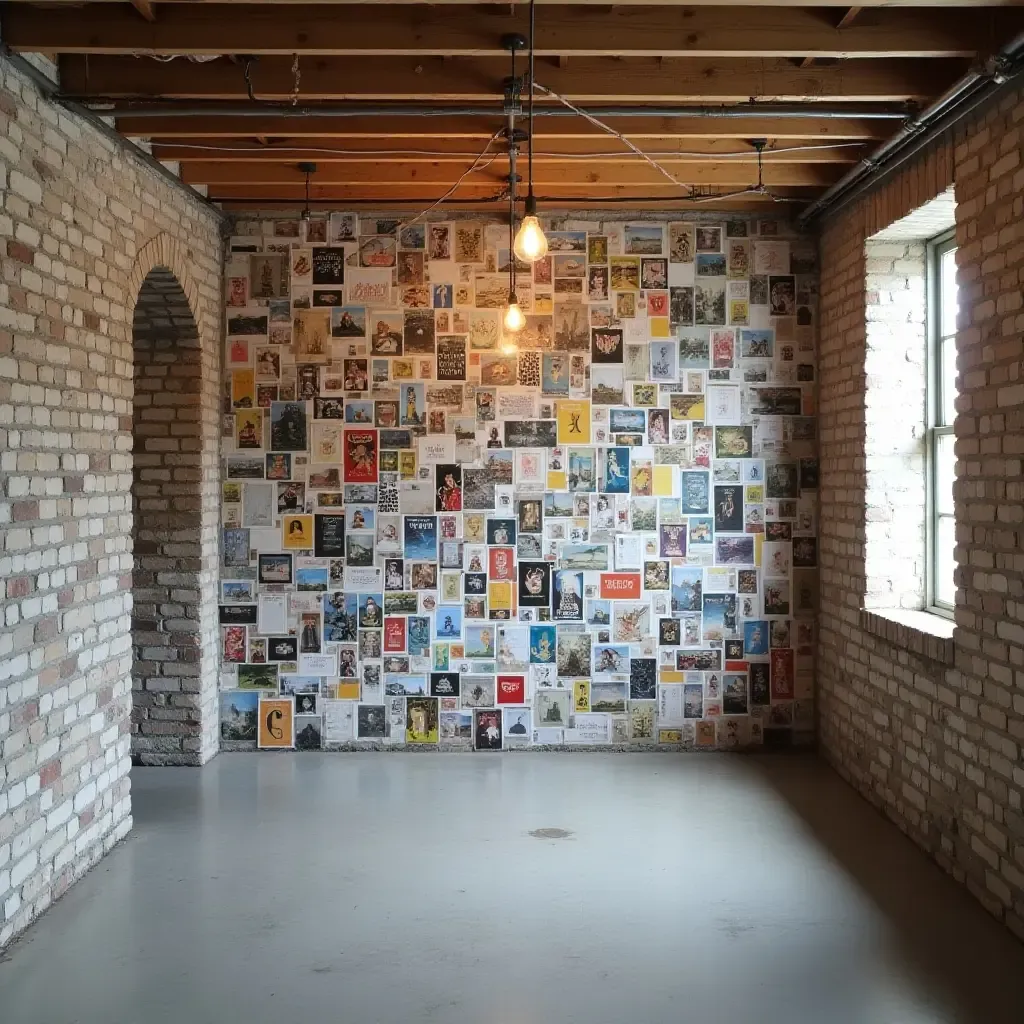 a photo of a basement wall featuring a colorful collage of postcards