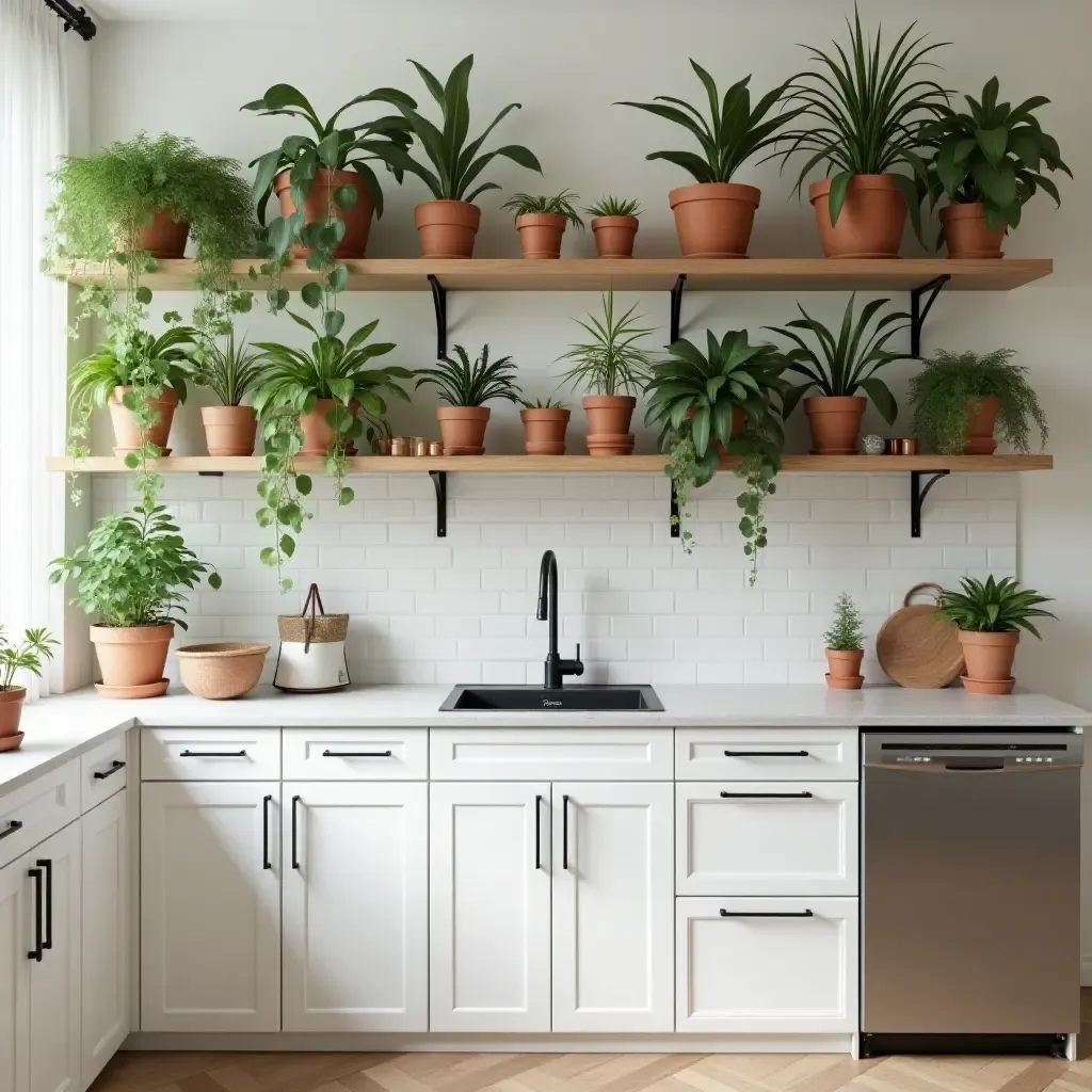 a photo of a kitchen with a plant-filled open shelving unit