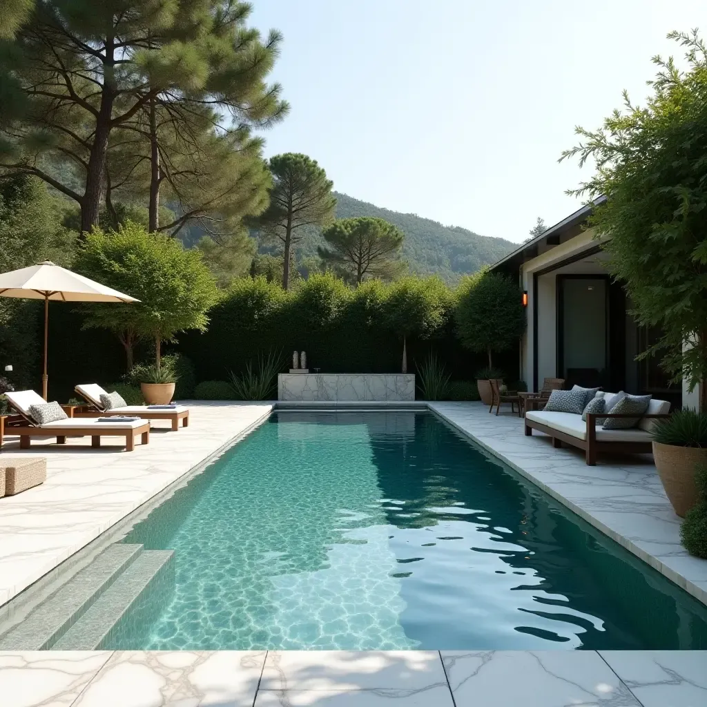 a photo of an elegant marble infinity pool surrounded by lush greenery and stylish outdoor furniture