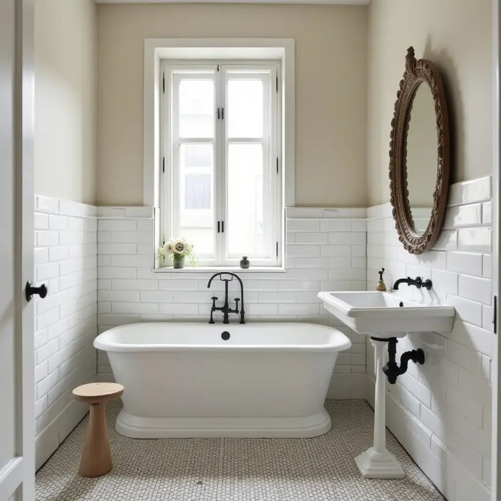 a photo of a minimalist bathroom with vintage tiles and an ornate sink