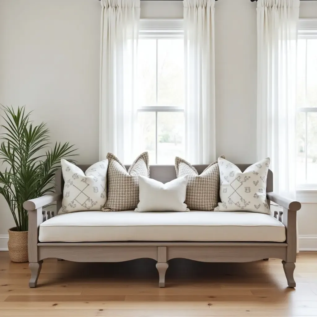 a photo of a stylish bedroom with a farmhouse bench and decorative pillows