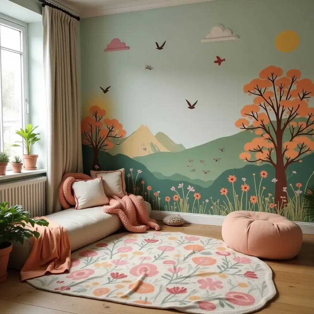 a photo of a whimsical reading space with wall murals and rugs