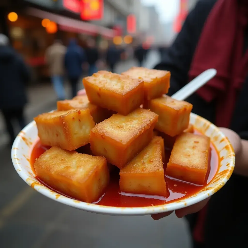 a photo of Stinky Tofu, deep-fried and served with spicy sauce, on a bustling Chinese street.