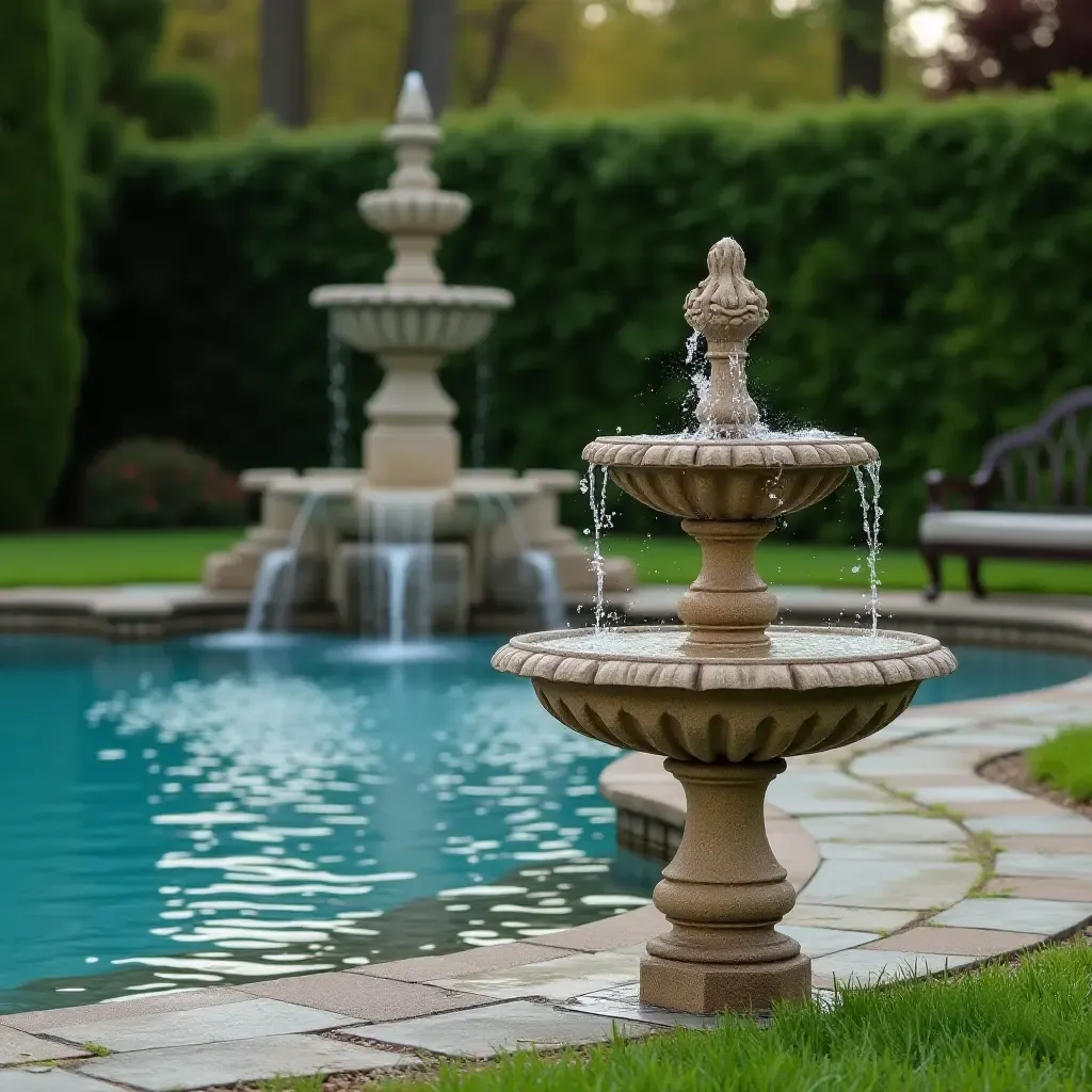 a photo of a quaint garden fountain beside a serene pool