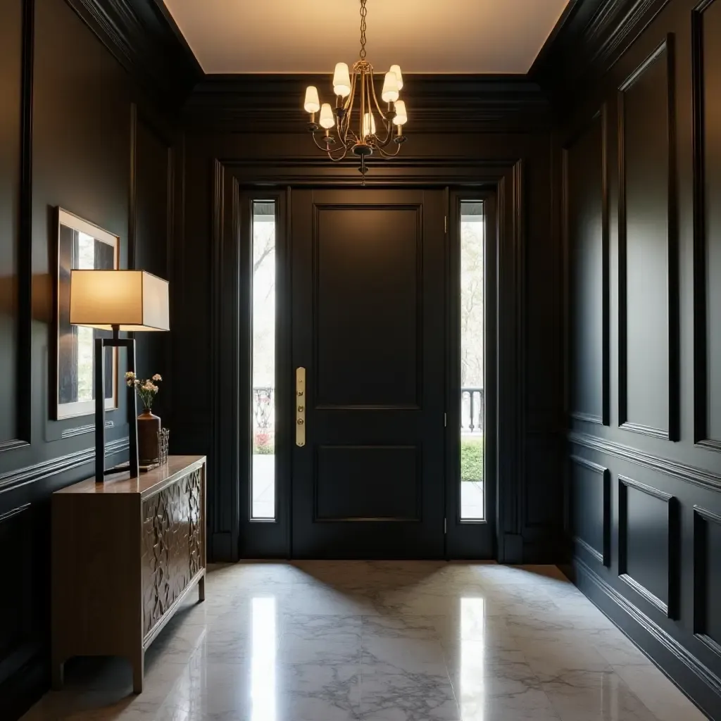 a photo of a classic black and gold entryway with elegant lighting fixtures