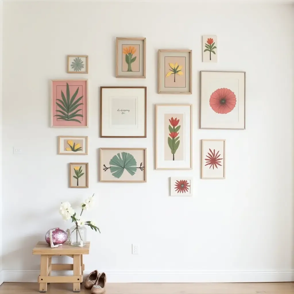 a photo of a gallery wall with handmade crafts and DIY art projects