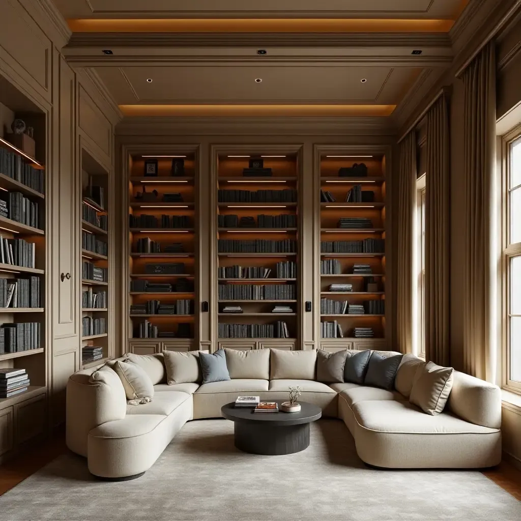 a photo of a classic cream and brown library with timeless elegance